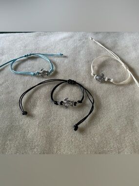 Adjustable Turtle Cord Bracelets in Black, Aqua, and White, set of 3